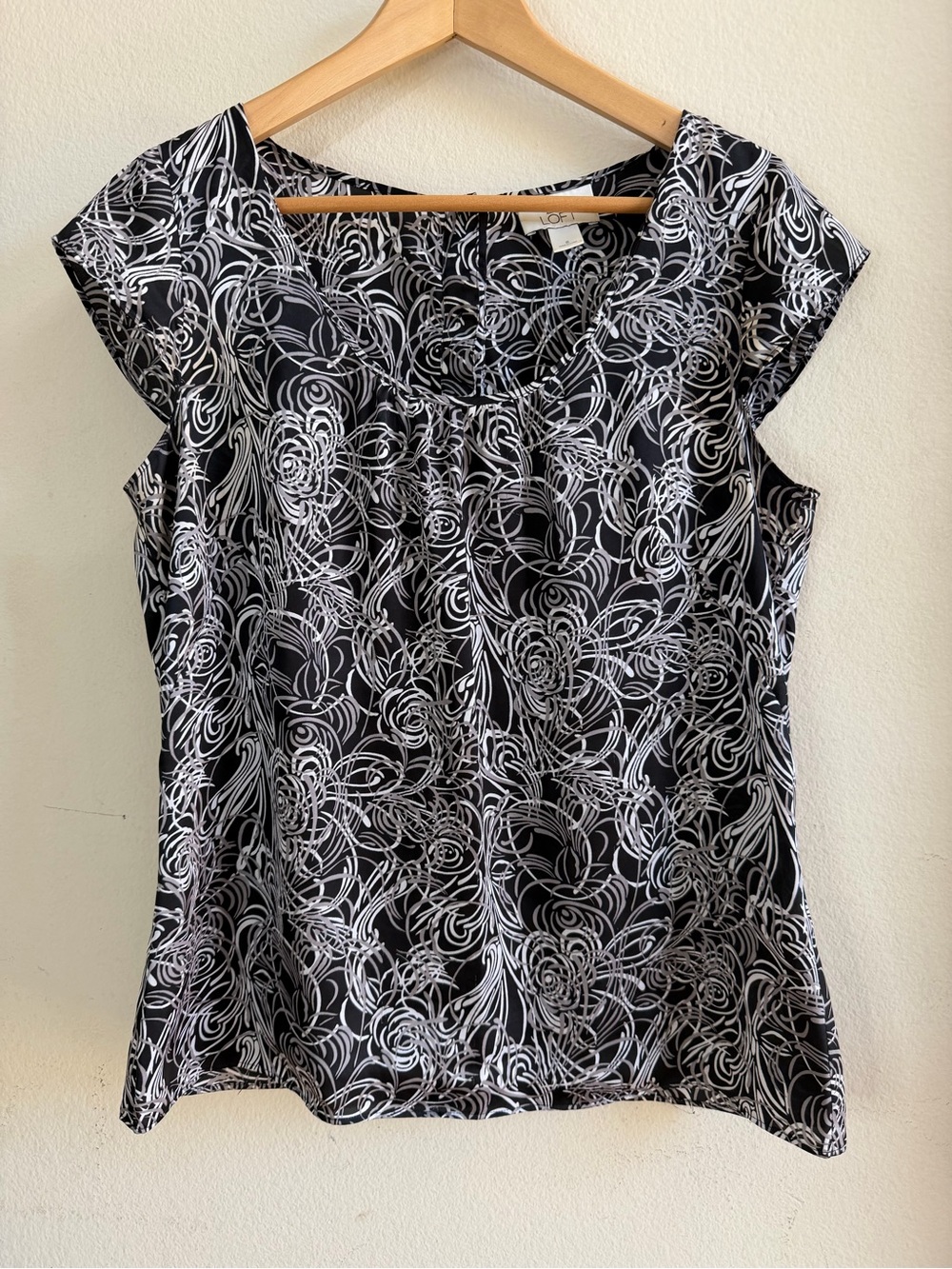 LOFT Black Top with White Swirl Floral Print